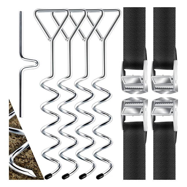 Kesser 4 Bodenanker Erdanker Set - Trampolin, Schaukel, Pavillon, Partyzelt, Gartenhaus, Schaukelzelt - Stahl, Eindrehen, 4 Gurte