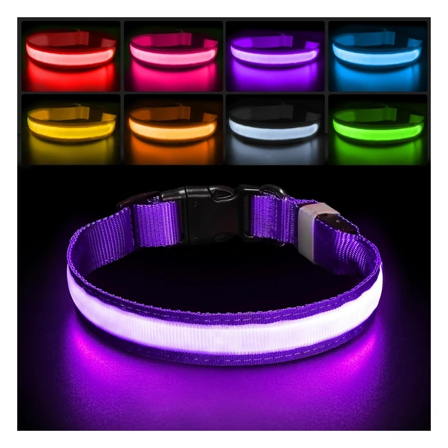 LED Dog Collar - USB Rechargeable - Waterproof - Increased Visibility - Purple