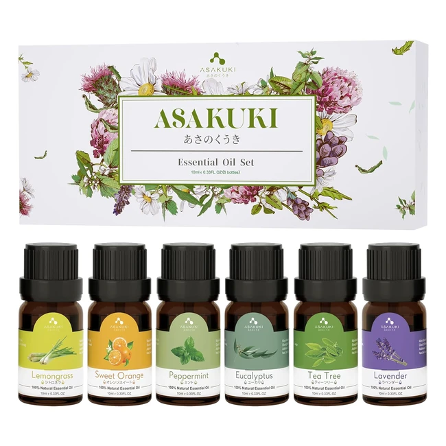 Asakuki Essential Oils Set - Top 6 Aromatherapy Oils - Gift Set with Lavender, Eucalyptus, Lemongrass, and More
