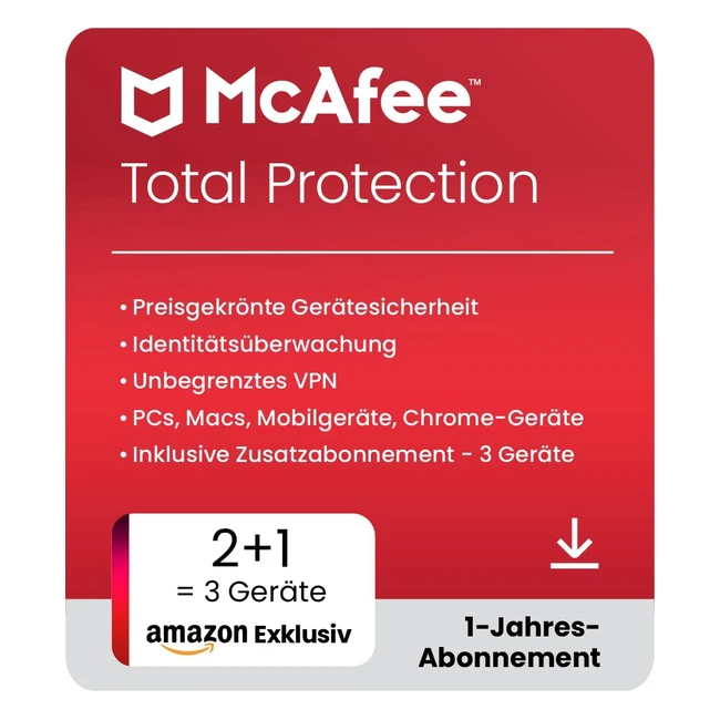 McAfee Total Protection 2023 - 2 Geräte, 1 Bonusgerät inklusive - Virenschutz & Internetsicherheitssoftware