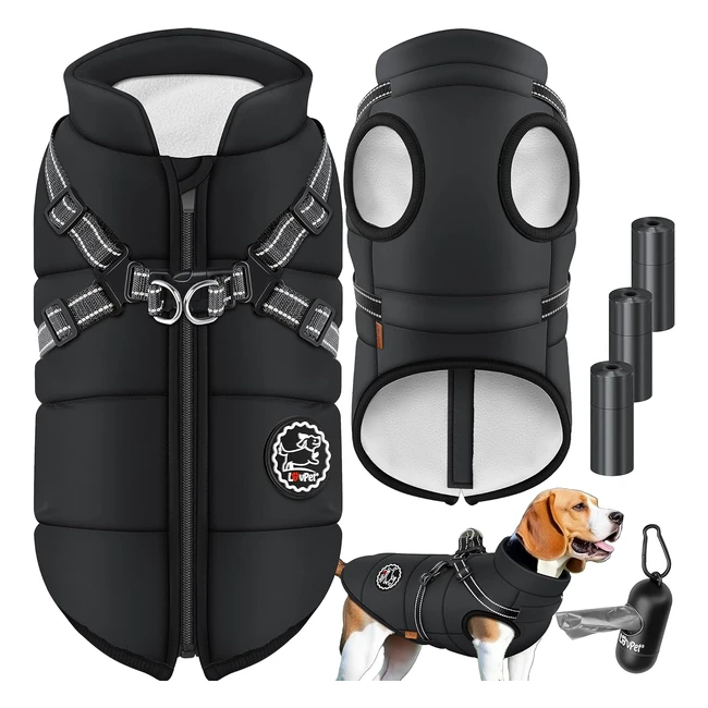 Lovpet Hundejacke Hundemantel mit Geschirr inkl. 45 Stück Kotbeutel & Spender | Hundeweste Winterweste wasserdicht & gepolstert | Reflektoren | Größe M