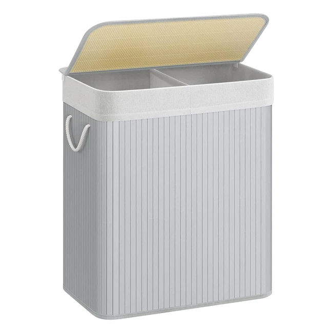 Songmics Divided Laundry Basket with Lid - Bamboo Hamper - 2 Sections - Removable Liners - 100L Storage