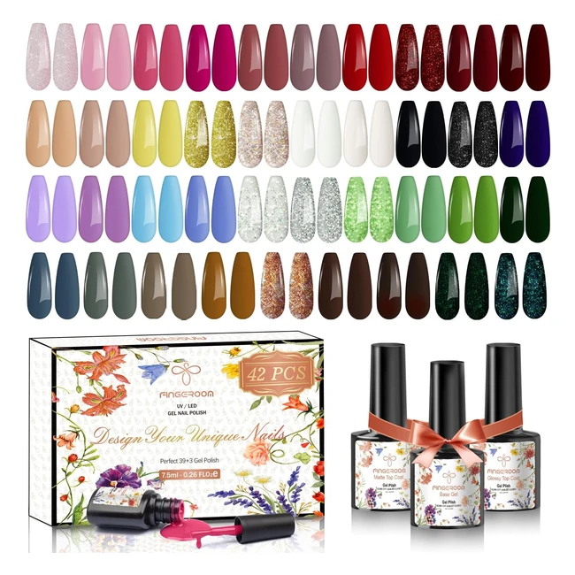 Lot de 42 vernis à ongles gels semi-permanents Fingeroom UV LED soak off - 39 couleurs + base coat glossy et matte top coat