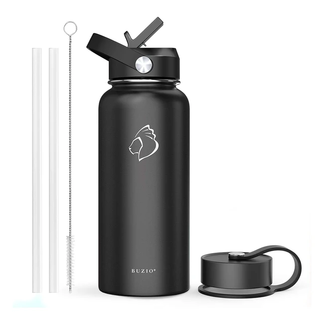 Buzio Insulated Water Bottle 1L - Keeps Cold 48 Hrs, Hot 24 Hrs - Stainless Steel, BPA Free - Leak Proof - Black