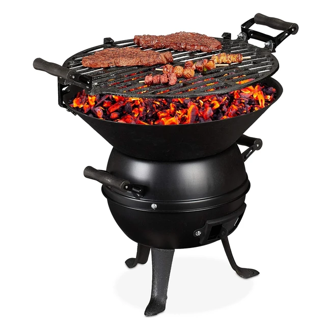 Barbacoa portátil Relaxdays, carbón, hierro fundido y acero, altura regulable, parrilla 35 cm
