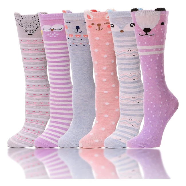 Antsang Girls Knee High Long Socks - 6 Pairs Fun Animal Pattern - Crazy Cute Gift for Kids