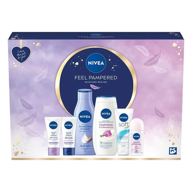NIVEA Feel Pampered Skincare Regime Gift Set - Shower Cream, Antiperspirant, Body Lotion, Moisturising Cream, Day & Night Cream