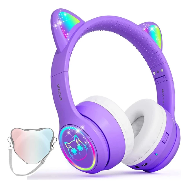 Auriculares Bluetooth para Niños con Micrófono - Estuche Inalámbrico - Orejas de Gato con Luz LED - Regalos Cumpleaños