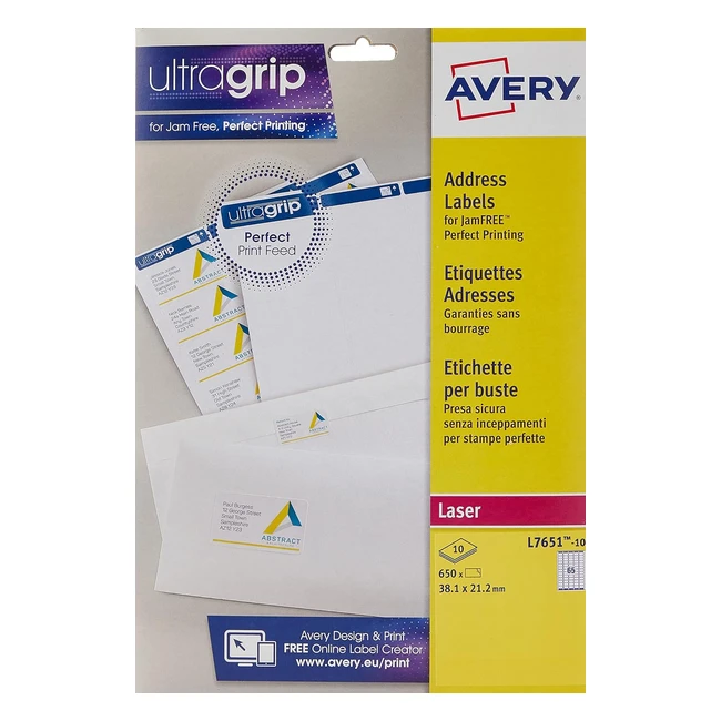 Étiquettes autocollantes Avery UltraGrip L7651 pour imprimantes laser - 65 étiquettes par feuille A4 - Blanc