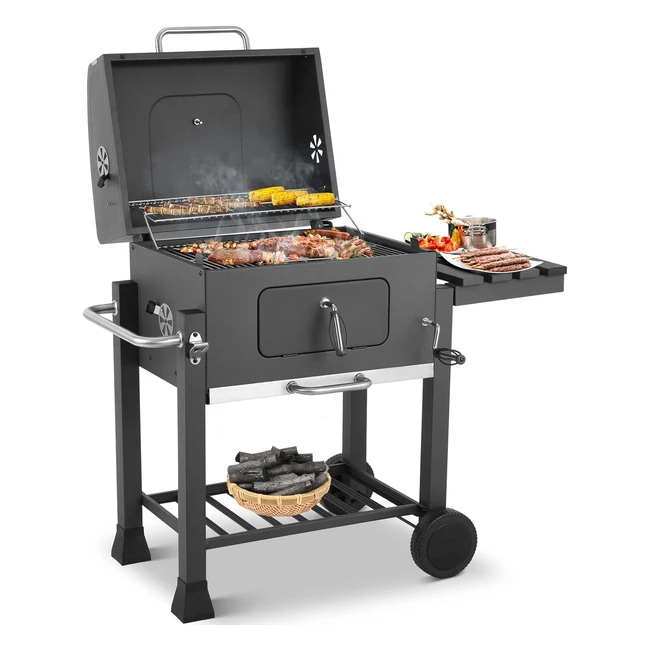 Barbacoa de carbón vegetal con ruedas - Gran capacidad - Parrilla de carbón vegetal - BBQ en jardín y exteriores