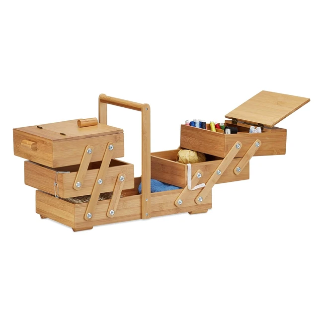 Caja de Costura Grande Relaxdays Bambú Beige 30x44x22 cm - Organizador con Compartimentos