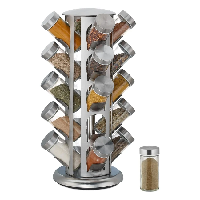 Carrousel à épices Relaxdays avec 20 pots rotatifs en inox et verre - HxD 39 x 22 cm - Argent