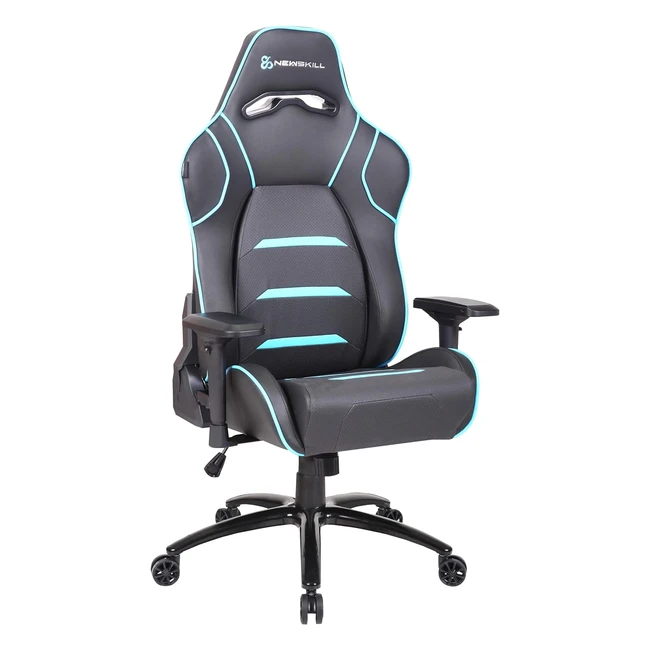 Newskill Silla Gaming Profesional Valkyr - Asiento Microperforado PU Transpirable - Reclinable 180° - Reposabrazos 4D - Carga Máxima 150kg - Cojín Lumbar y Cervical - Azul