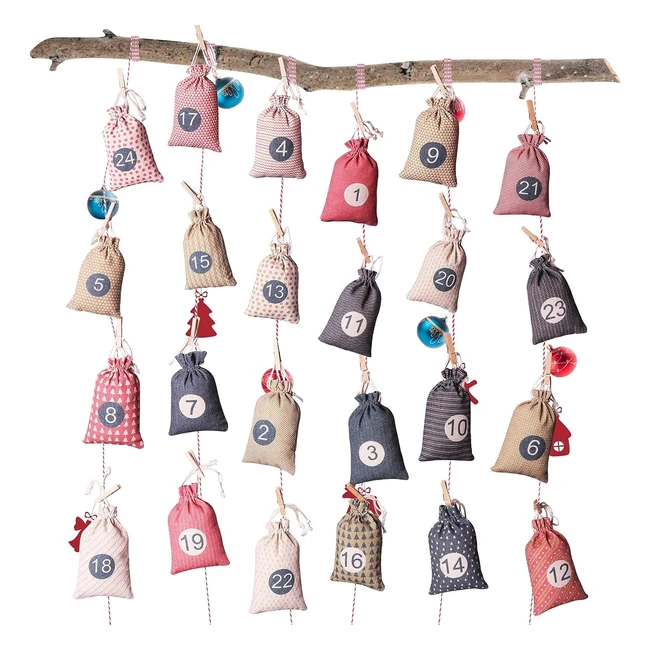 Calendario de Adviento 2023 Rellenable - 24 Bolsas de Tela - Juego de Manualidades