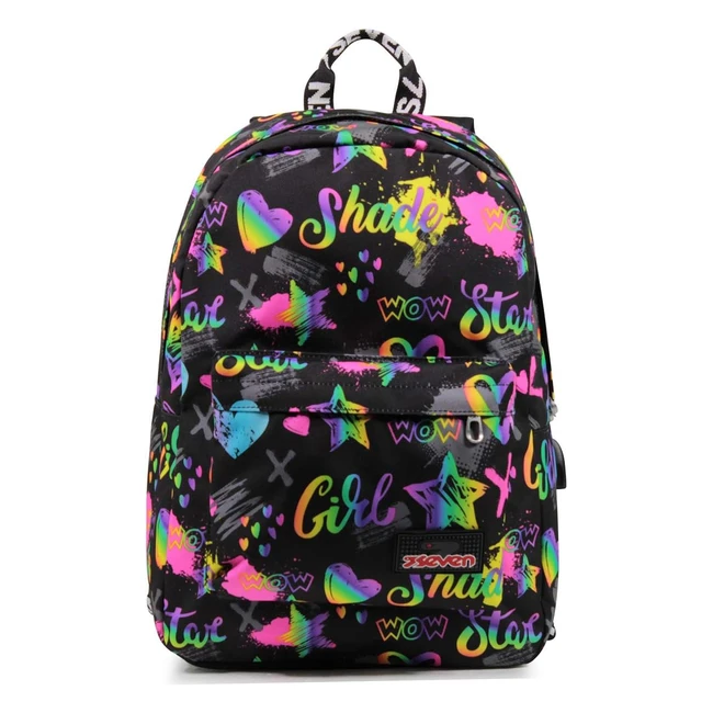 Zaino Scuola Seven iSchoolPack Nero Iridescent - Power Bank Integrato - Tasca Porta Tablet - Bambine e Ragazze