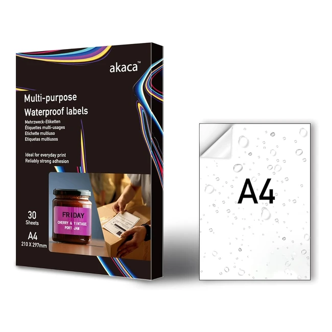 Akaca Vinilo Papel Adhesiva A4 30 Hojas Blanco Mate - Impermeable y Resistente al Desgarro