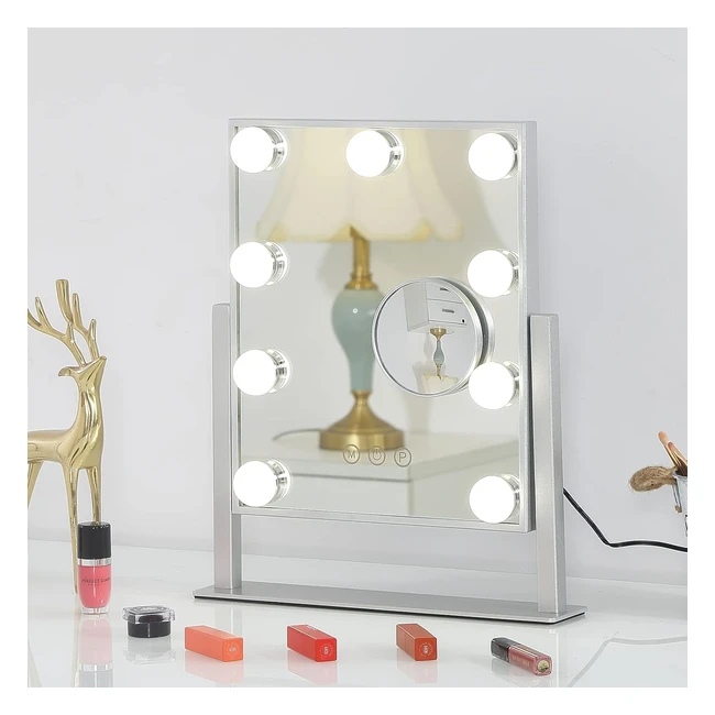 Espejo Maquillaje Hansong con Luz Hollywood - 3 Colores y 9 LED Regulables - Rotación 360 Grados - Mesa Plata
