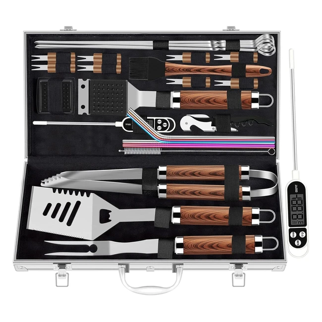 Romanticist 26pcs Stainless Steel Grill Tool Set for Men - Heavy Duty BBQ Utensils Kit with Meat Thermometer