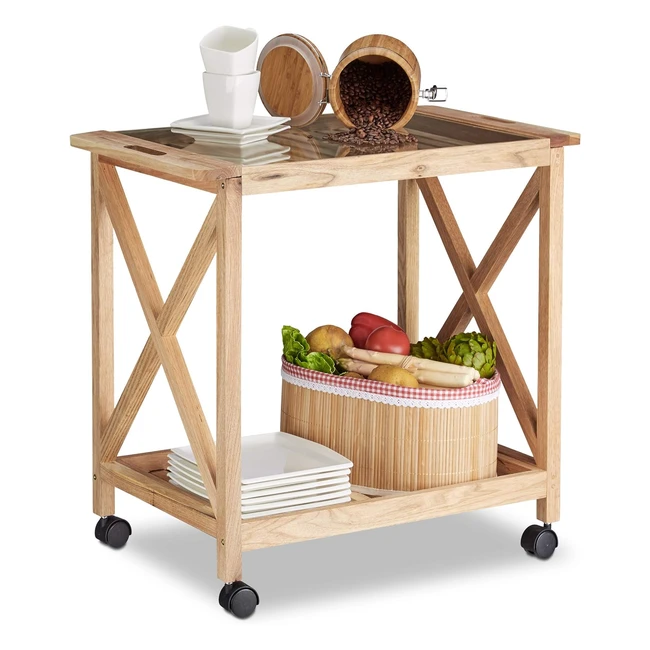 Desserte de cuisine en noyer avec rangement et plateau en verre - Relaxdays 10021318