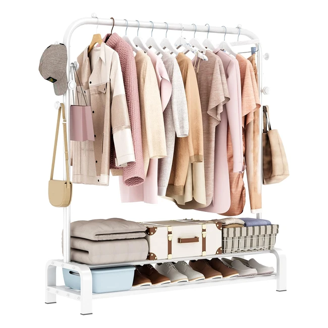 Smilovii Metal Coat Stand Rack - Heavy Duty Clothes Rail for Bedroom - Freestanding Clothing Garment Hanging Rails - Clothes Storage Organiser - 2 Tiers Shoe Rack - White