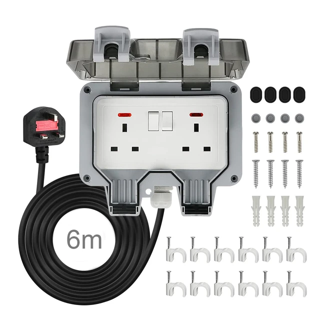 Outdoor Socket with 6m Extension Lead - Waterproof IP66 - Easy Installation - 2 Gang Storm Switched Socket
