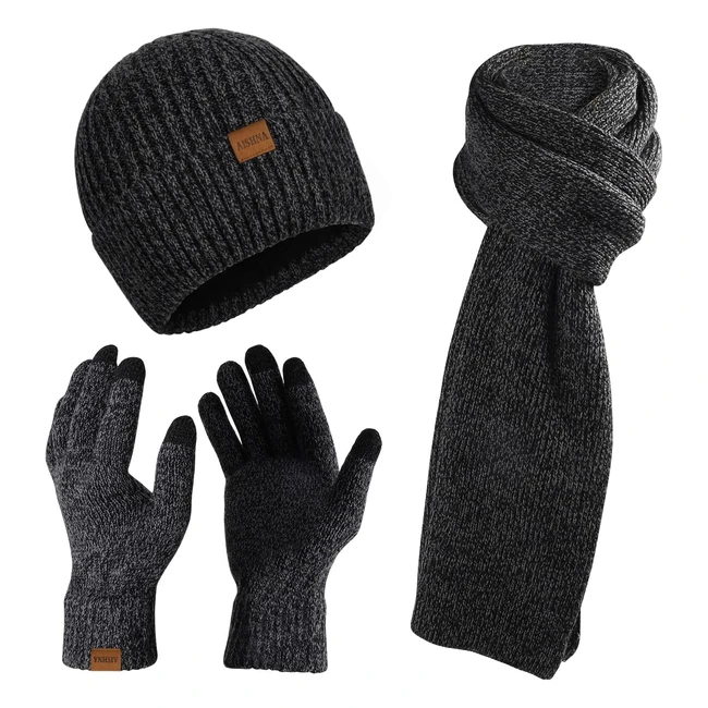 Aishna Winter Beanie Hat Scarf and Gloves Set - Thermal, Knitted, Touch Screen - Dark Gray
