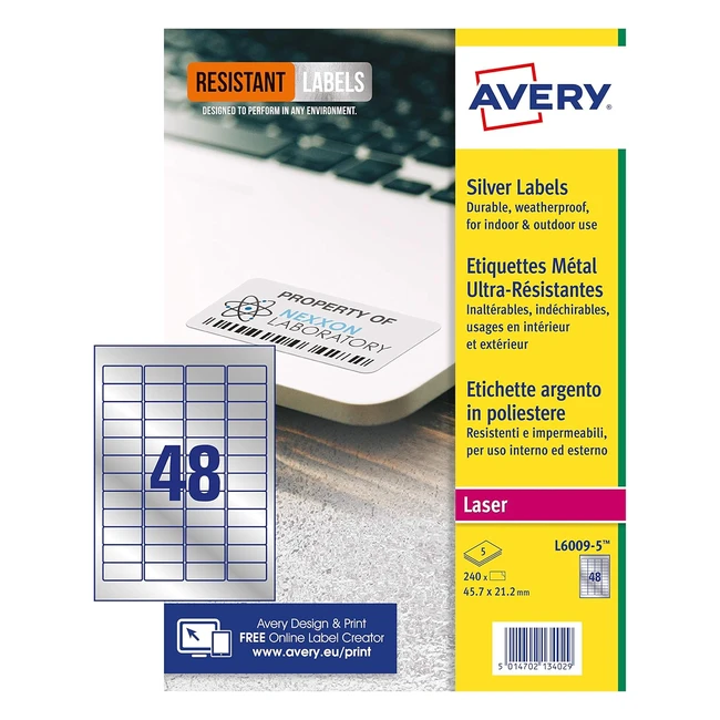 Étiquettes résistantes Avery L60095 - Argent - Format A4 - 46 x 21 mm - 240 étiquettes
