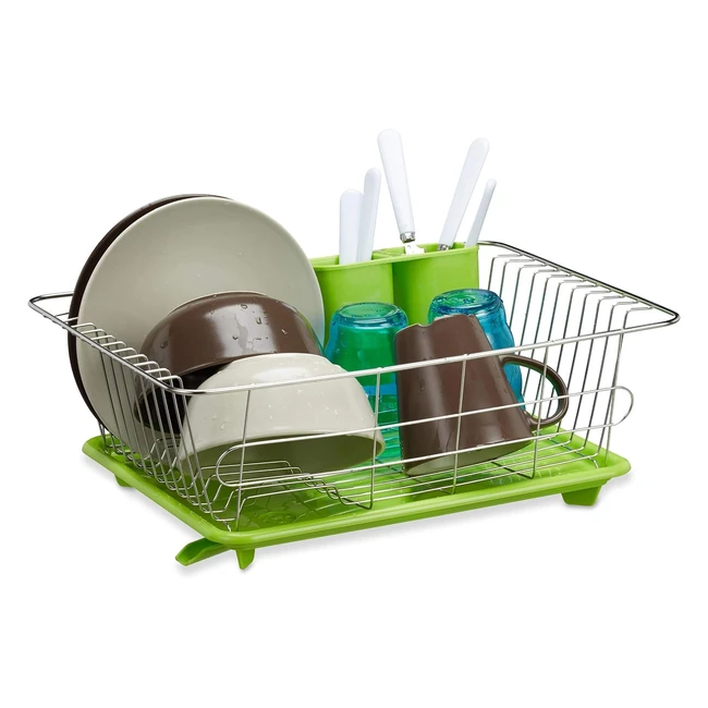 Escurreplatos Relaxdays con Escurridor de Cubiertos y Bandeja de Acero Inoxidable 155x40x30 cm - Verde/Plateado