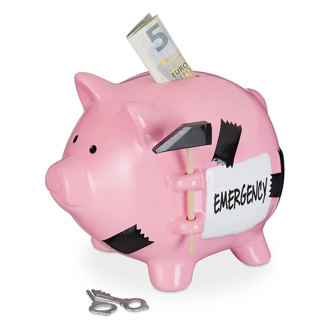 Tirelire Cochon Marteau Inscription Emergency Verrouillable Céramique HLP 145x155x20 cm Rose