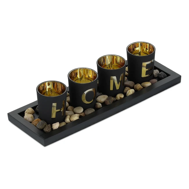 Lot de Photophores Relaxdays avec Plateau et Pierres - Décoration Table Salon Salle à Manger - Bougeoir Noir