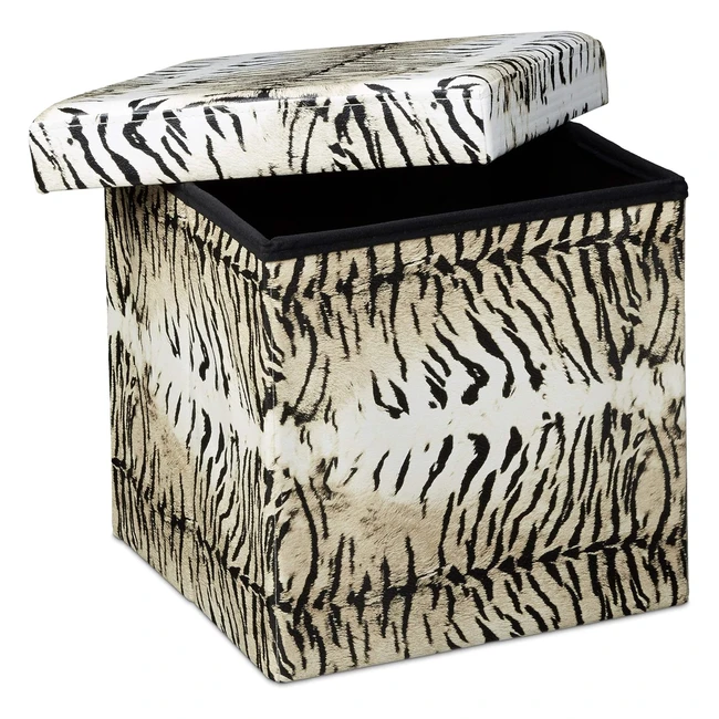 Tabouret pliant avec rangement - Relaxdays 38x38x38cm - Motifs tendances tigre beige