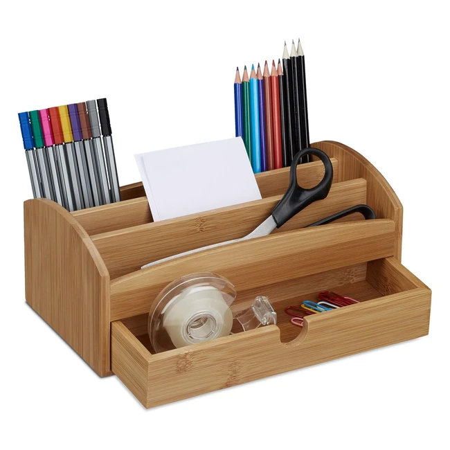 Distributeur de Bureau 4 Compartiments 1 Tiroir - Organisateur Fournitures - Bambou Nature