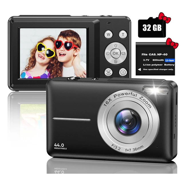 Compact Camera FHD 1080P 44MP with 32GB SD Card - Rechargeable, 16x Zoom - for Kids, Adults, Teens