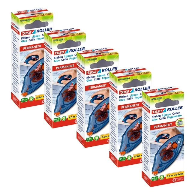 Tesa Roller Colla Monouso Ecologo Set di 5 - Adesivo Usa e Getta - Applicazione Veloce - Design Trasparente 85m x 84mm
