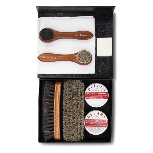 Kit de cirage chaussures Delara - 8 pièces dans coffret noir avec lettres dorées