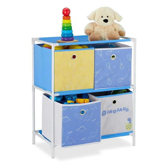 Scaffale Relaxdays per Bambini con 4 Scatole - Design Dinosauri - HxBxT 62x53x30 cm