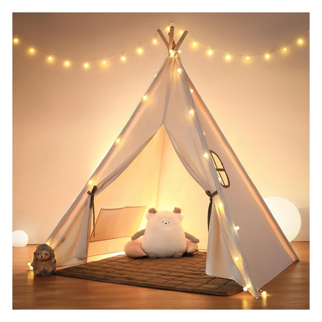 Kids Teepee Tent with Padded Mat and Light String - Foldable Indoor Playhouse - 