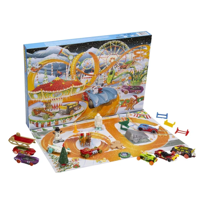 Hot Wheels Advent Calendar - 8 Hot Wheels Holiday-Themed Toy Cars + Assorted Accessories