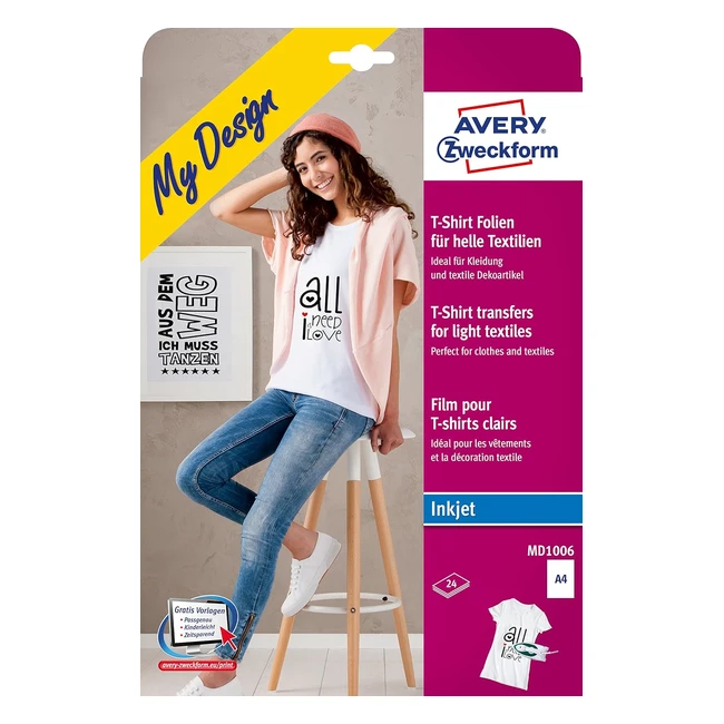 Pack de 24 feuilles A4 de transferts pour t-shirt Avery Zweckform
