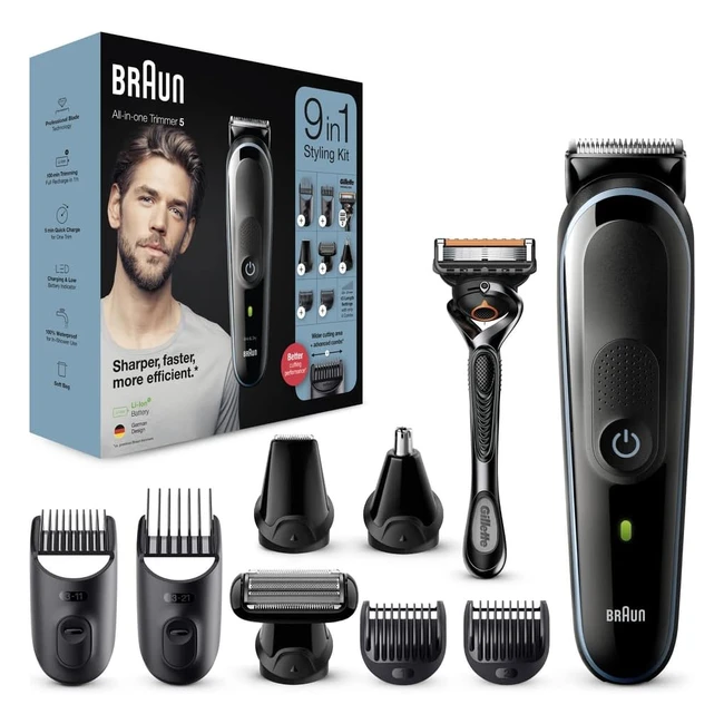 Braun 9in1 All-in-One Series 5 Male Grooming Kit - Trimmer, Clippers, Ear & Nose Trimmer, Gillette Razor - Gifts for Men