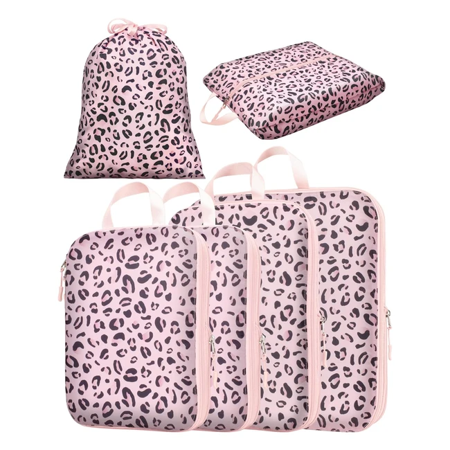 Compression Packing Cubes for Suitcases - TorryPack 6 Pack - Expandable Travel Packing Organizers - Pink Leopard Print