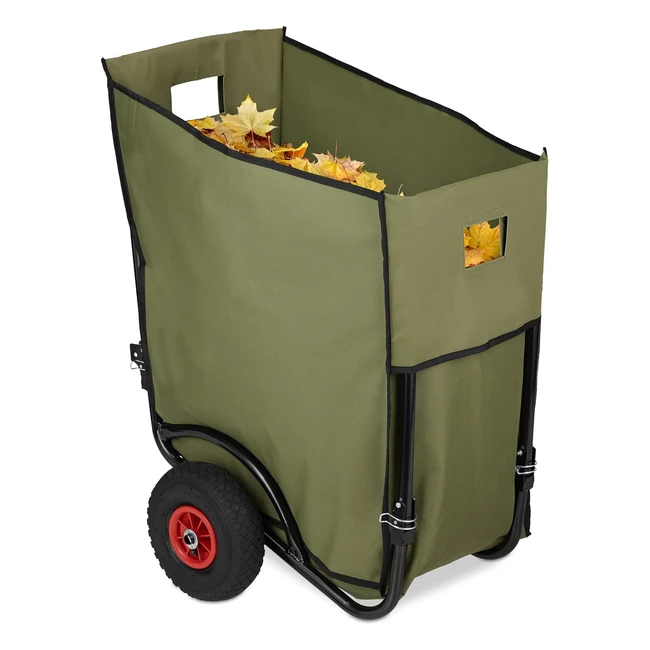 Carrito jardín Relaxdays con saco 160L plegable, bolsa para residuos, 2 ruedas, poliéster/metal, verde
