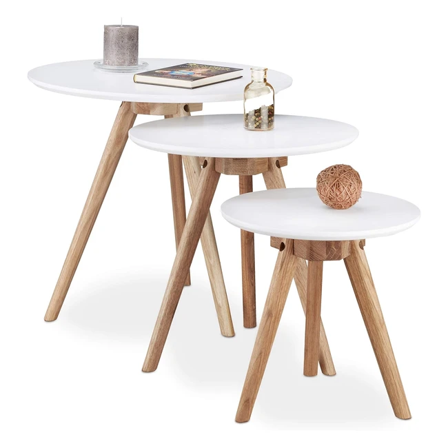 Set 3 Mesas Auxiliares Nórdicas Redondas Madera Nogal DM Blanco/Marrón 32 40 50 cm
