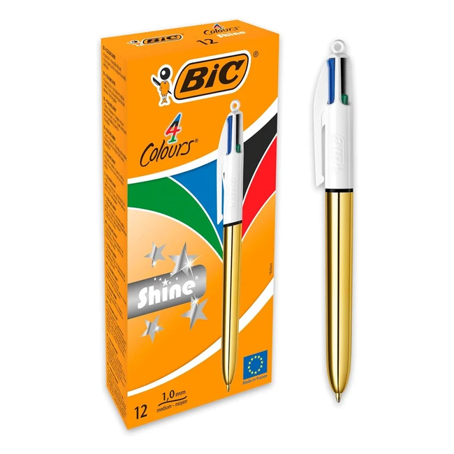 Bolígrafos BIC 4 Colores Shine - Caja de 12 unidades, Diseño Metalizado Dorado