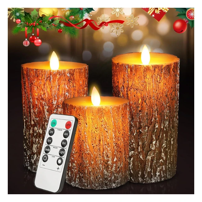Velas LED Efecto Llama Corteza de Pino Resistentes al Agua - Juego 3 Velas LED Parpadeantes