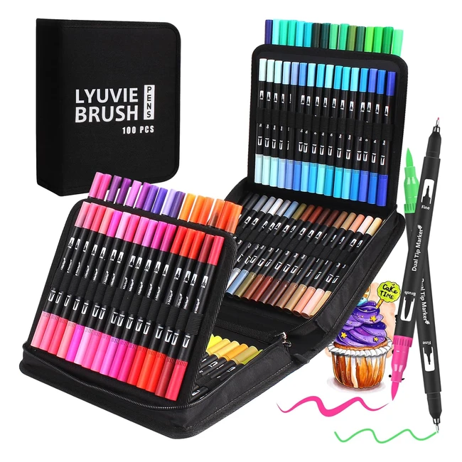 Lyuvie 100 Colors Dual Brush Markers - Vibrant Felt Tip Pens for Adults & Kids