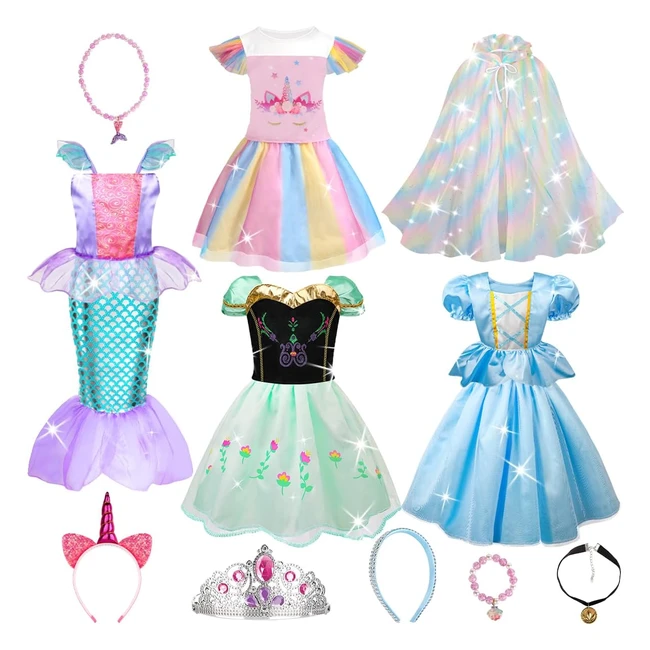 Princess Fancy Dresses for Girls - 4 Sets - Ages 3-8 - Role Play Costume
