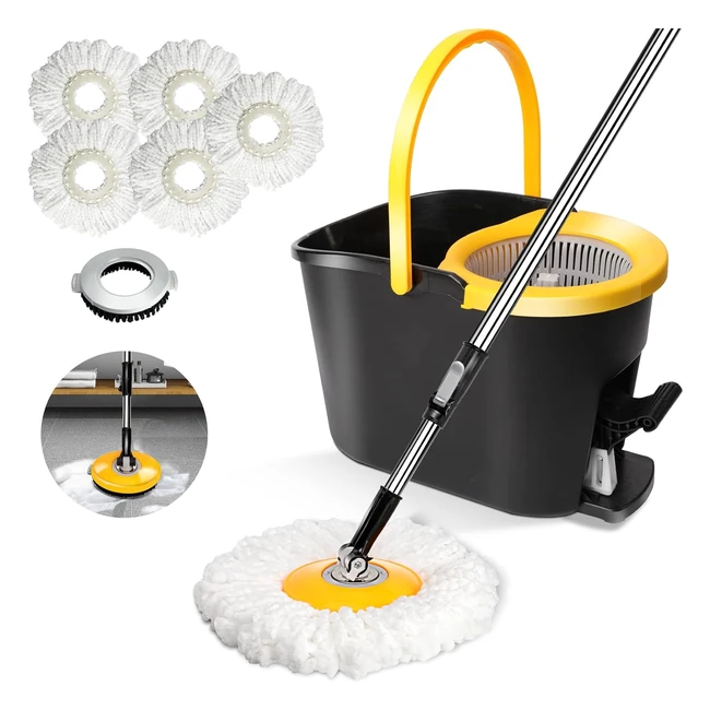 Ensemble Serpillière Seau Essoreur Balai Franges et Seau Essoreur Pédale Balai Microfibre - Offre 5 Tampons et 1 Brosse