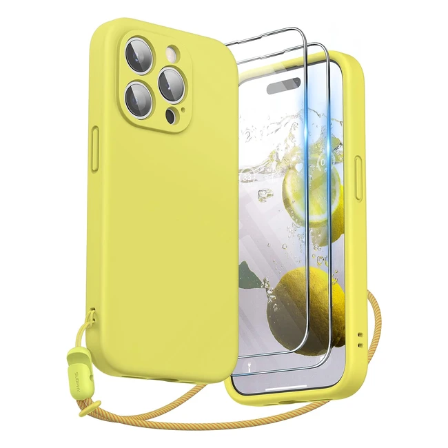 Coque Surphy pour iPhone 15 Pro avec cordon, verres trempés et étui de protection en silicone liquide antichoc - Jaune Canari