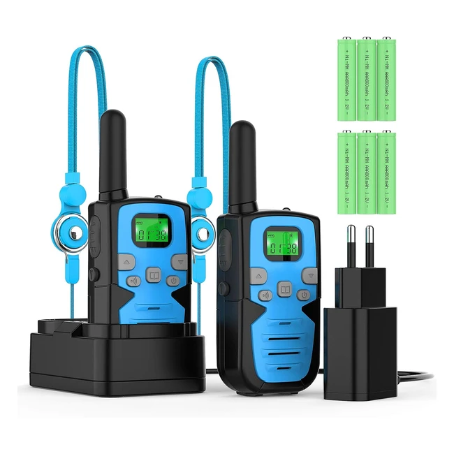 Bobela Walkie Talkie Niños Recargables - 8 Canales, Largo Alcance, Pantalla LCD Retroiluminada y Linterna - Regalo para Senderismo, Camping, Excursión - Bleu